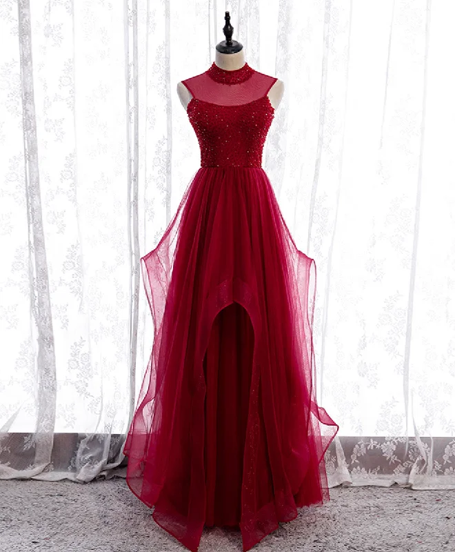 women's maximalist dressesBurgundy High Neck Tulle Sequin Beads Long Evening Dresses