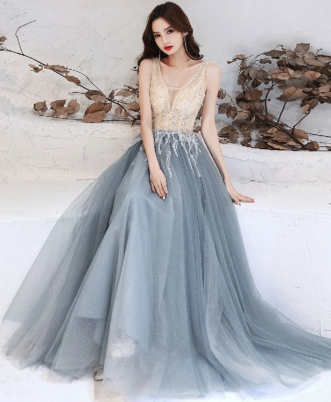 Plunging Neckline DressGray Blue Tulle V Neck Sequin Long Prom Dress Blue Formal Evening Dress