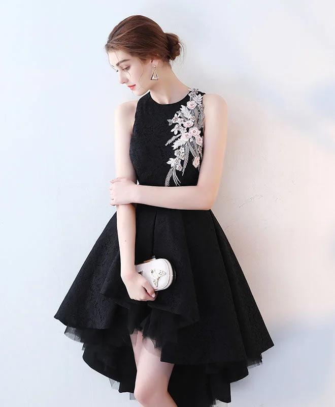 women's flowy dressesCute Black High Low Prom Dress, Short Evening Dress