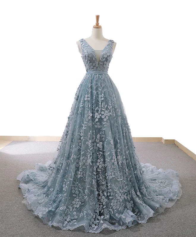 women's luxury dressesGray Blue Tulle Lace Long Prom Dress Gray Blue Lace Evening Dress