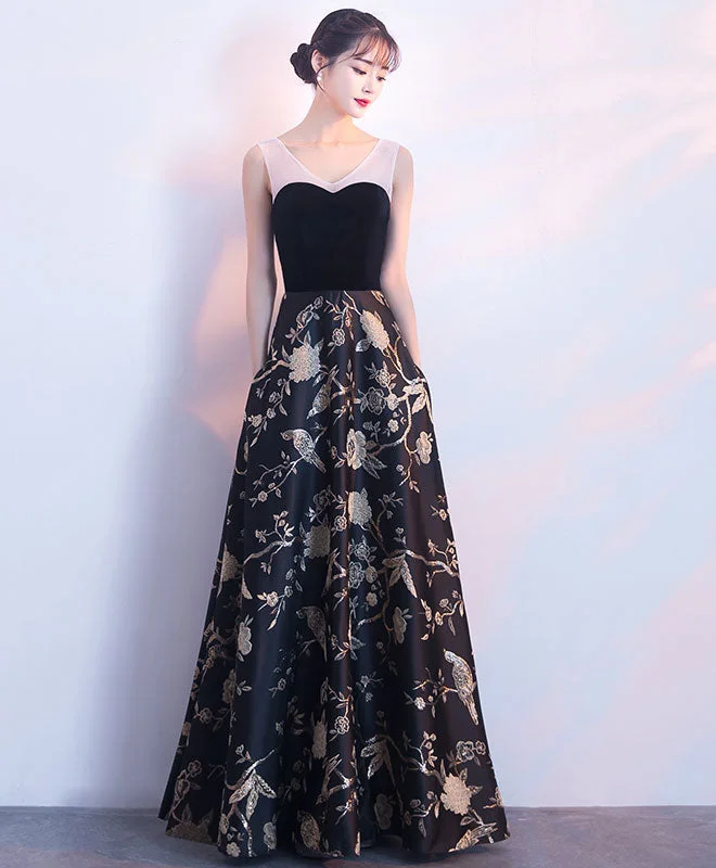 Cut-Out DressBlack Floral Pattern Long Prom Dress, Black Evening Dress