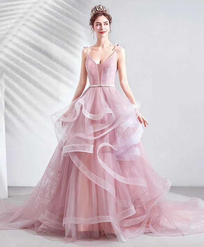 Empire DressPink V Neck Tulle Long Prom Dress Pink Tulle Evening Dress