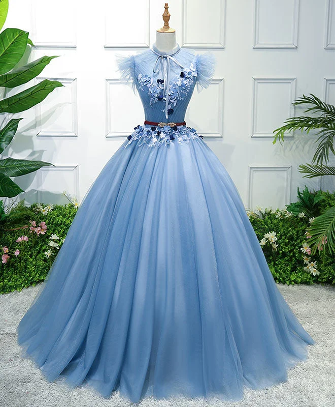 Off-The-Shoulder DressBlue High Neck Tulle Blue Long Prom Dress, Blue Evening Dress