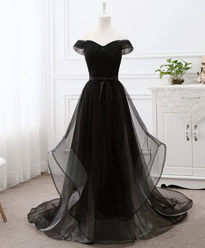 women's striped dressesBlack Tulle Long Prom Dress, Black Evening Dresses