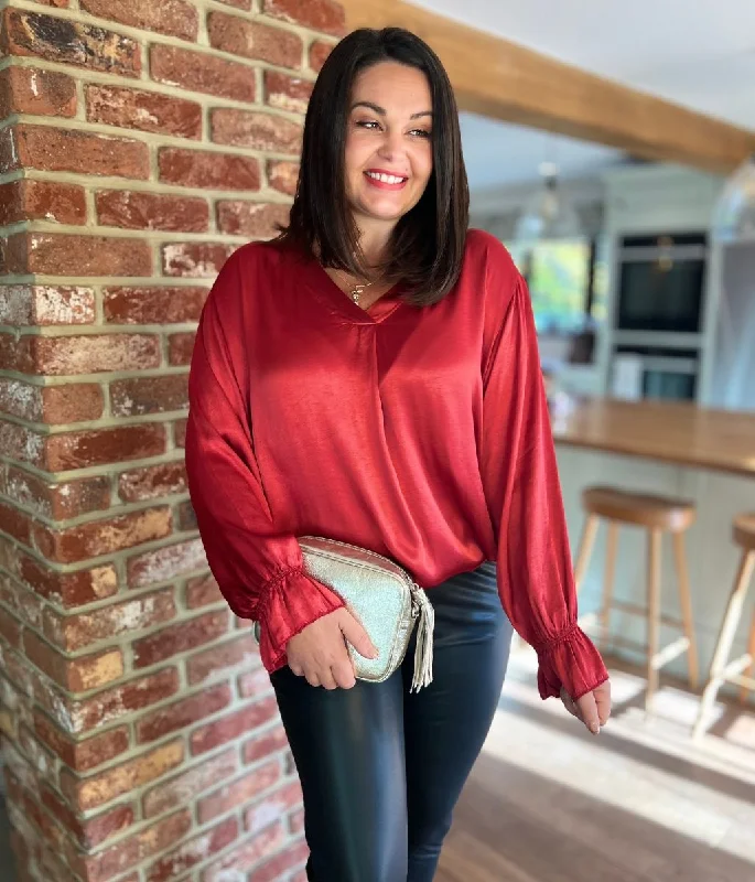 women's tops with unique designsRed Satin Popover Top