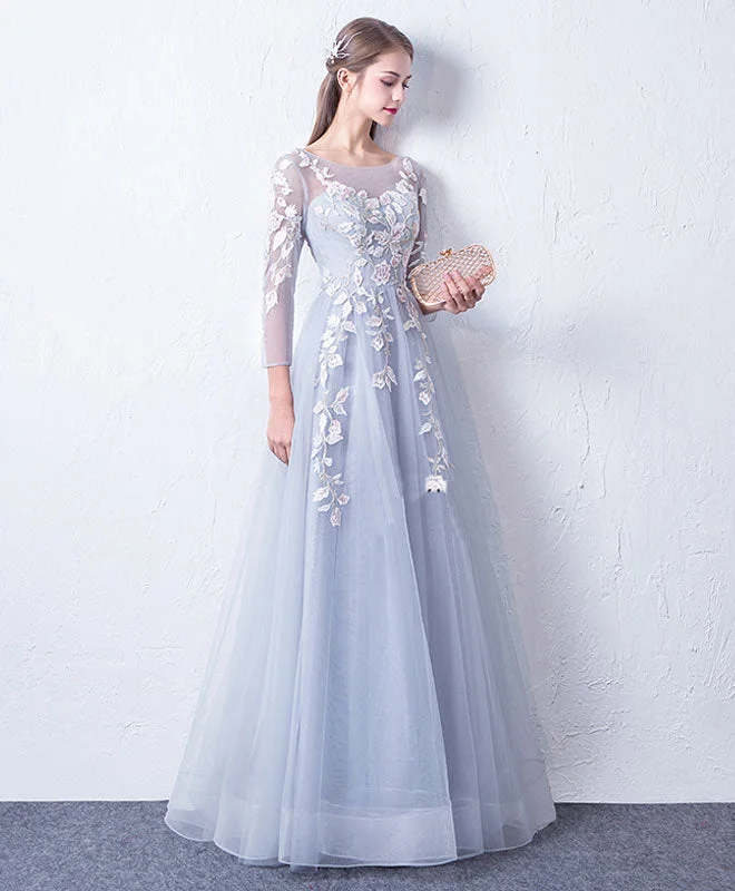 Satin DressGray Blue Cute Round Neck Lace Applique Tulle Long Prom Dress, Evening Dress