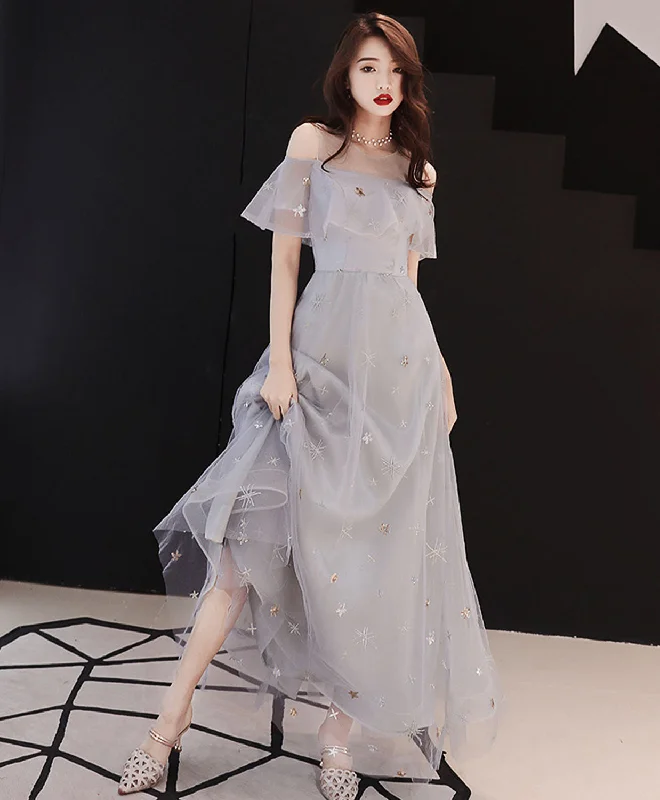 Ball Gown DressGray Tulle Tea Length Prom Dress, Gray Tulle Evening Dress