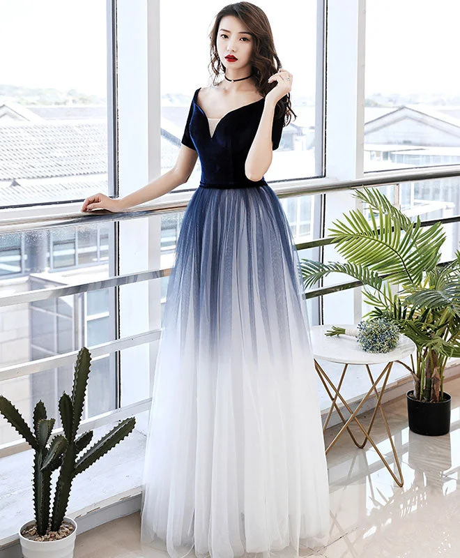 women's body-skimming dressesSimple Blue Tulle Long Prom Dress Blue Tulle Evening Dress