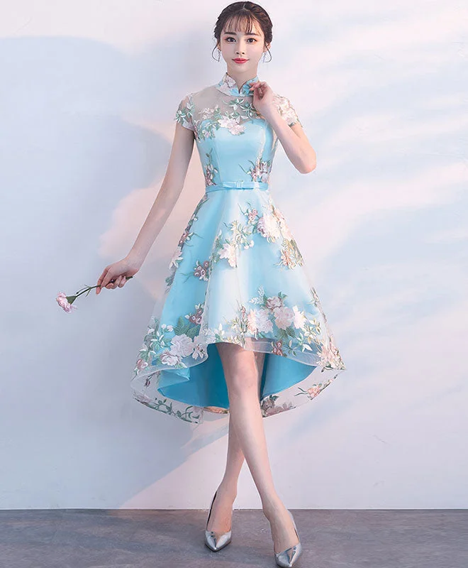 Tea-Length DressUnique Blue Tulle Embroidery Short Prom Dress, Blue Evening Dress