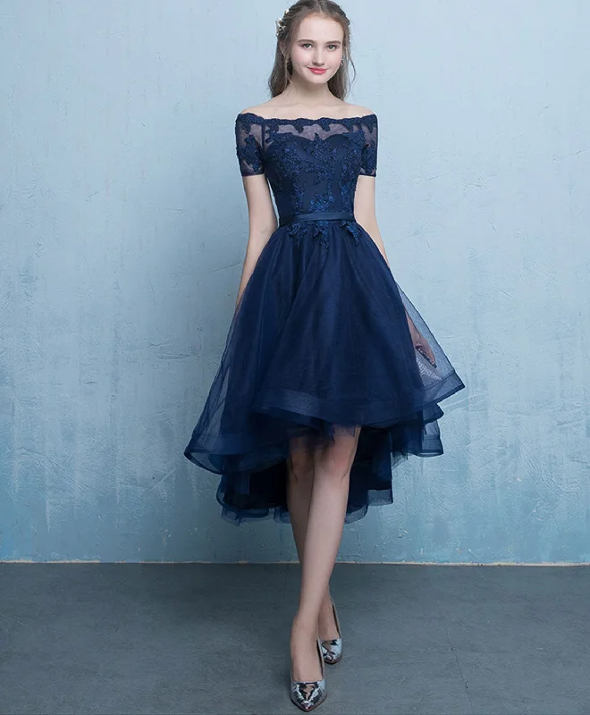 Velvet DressDark Blue Lace Tulle Short Prom Dress, High Low Evening Dress