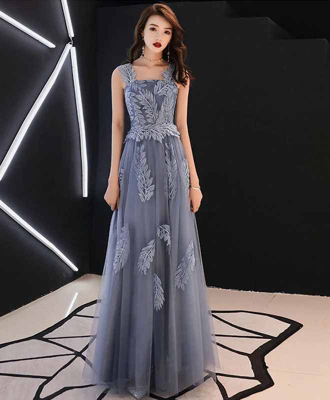 Tiered DressGray Blue Tulle Lace Long Prom Dress, Gray Blue Tulle Evening Dress