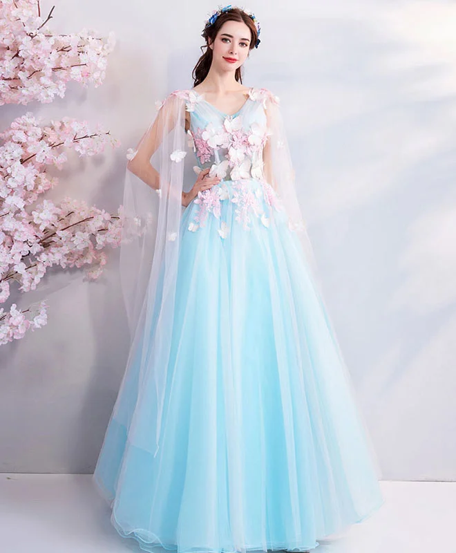 Solid Color DressBlue V Neck Tulle Long Prom Dress, Blue Tulle Evening Dress