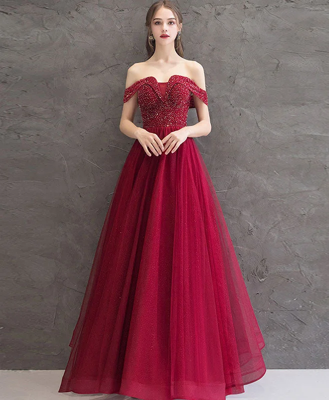 women's pear-shaped body dressesBurgundy Tulle Off Shoulder Long Prom Dress Burgundy Evening Dress