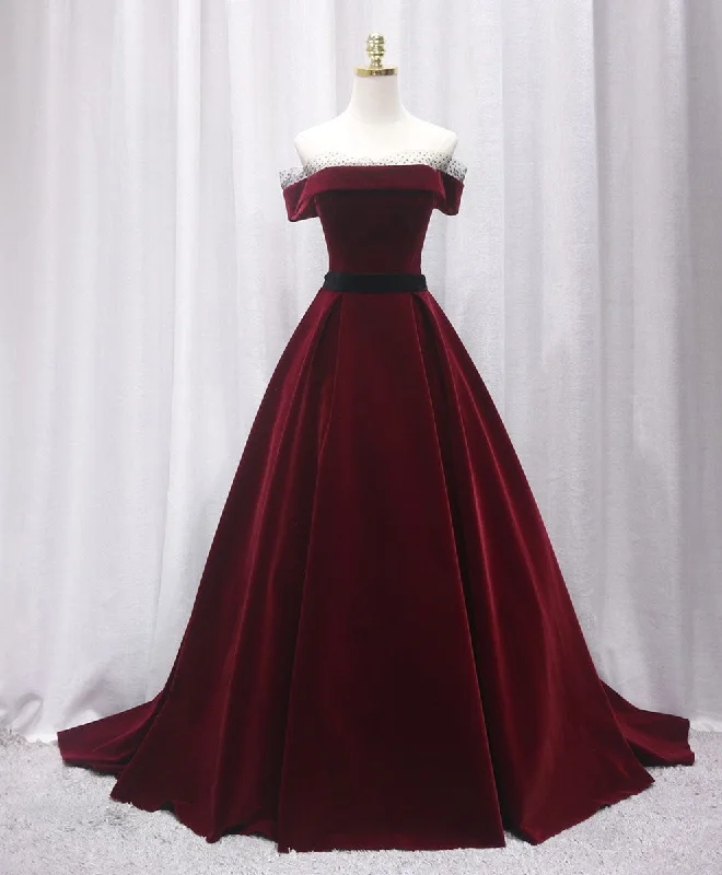 women's velvet dressesBurgundy Long Off Shoulder Prom Dress Long Evening Dress