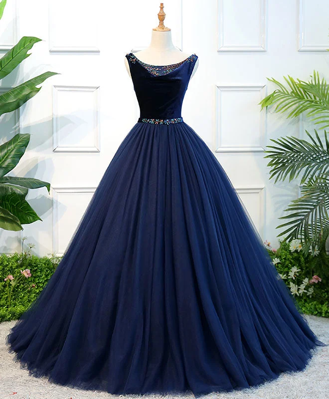 women's retro dressesDark Blue Tulle Long Prom Dress, Dark Blue Tulle Evening Dress