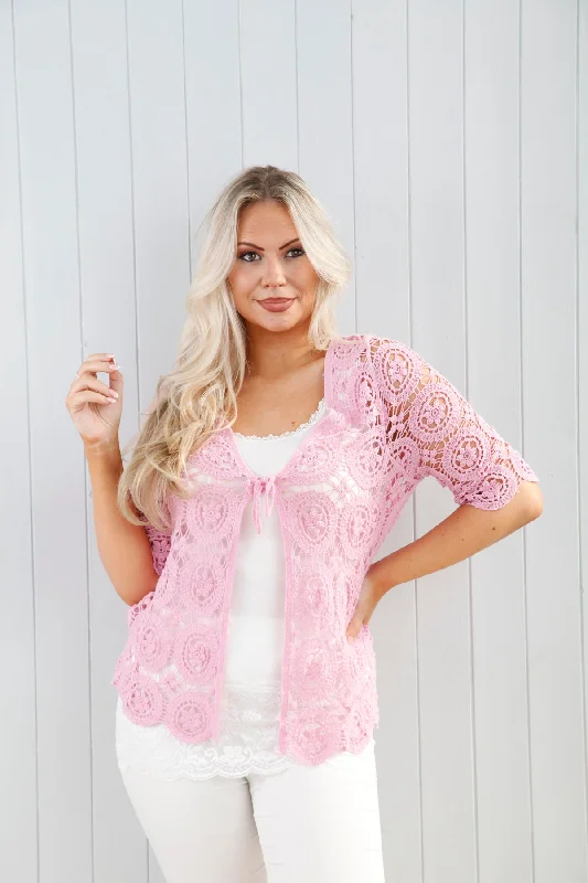 women's tops with ruffled hemsJoelle Crochet Tie Cardigan Candy Pink