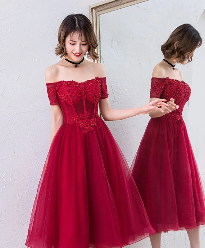 High-Neck DressCute Burgundy Off Shoulder Short Prom Dress, Evening Dress