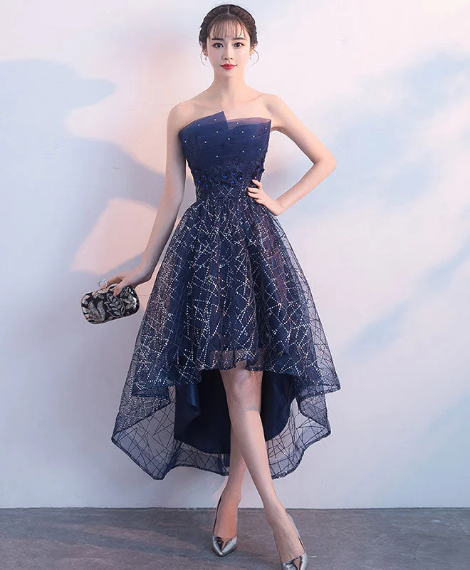 Halter DressDark Blue Tulle Sequin High Low Prom Dress, Blue Evening Dress