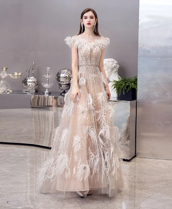 women's handmade dressesChampagne Tulle Beads Long Prom Dress, Champagne Formal Evening Dress