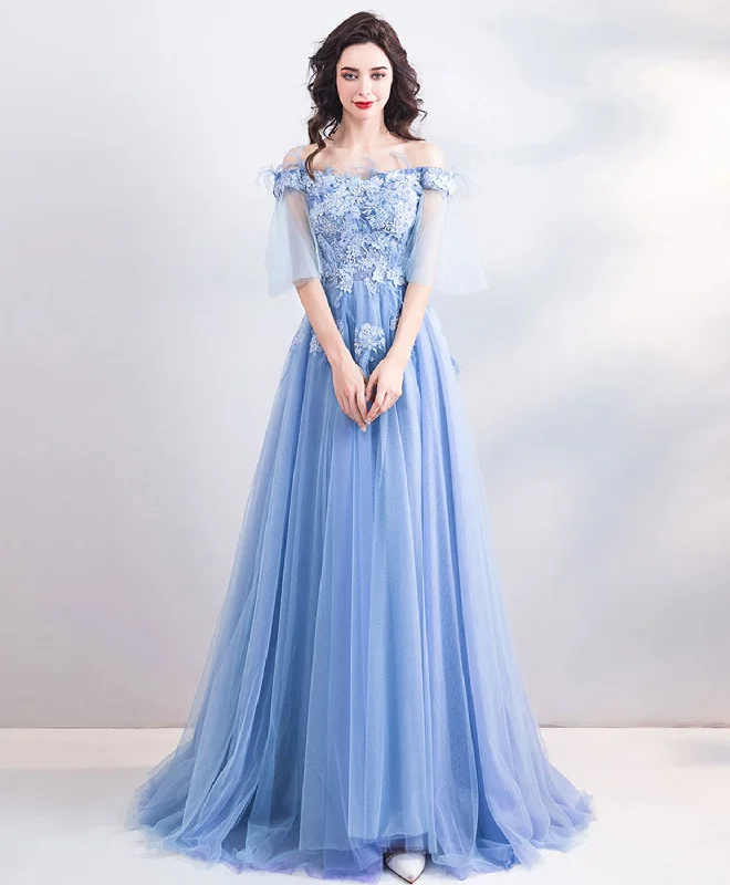 women's formal dressesUnique Blue Tulle Off Shoulder Long Prom Dress, Blue Evening Dress