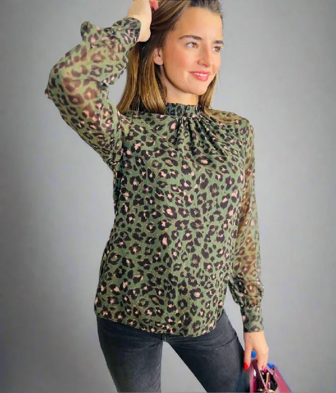 women's tops for beach outingsGreen Animal Print High Neck Blouse