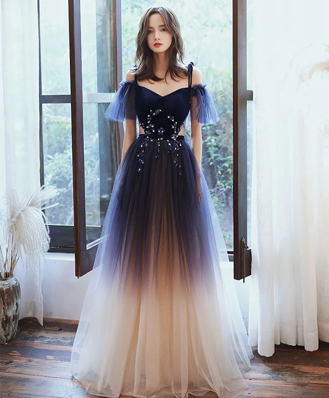 women's spaghetti strap dressesBlue Sweetheart Tulle Off Shoulder Long Prom Dress Blue Evening Dress