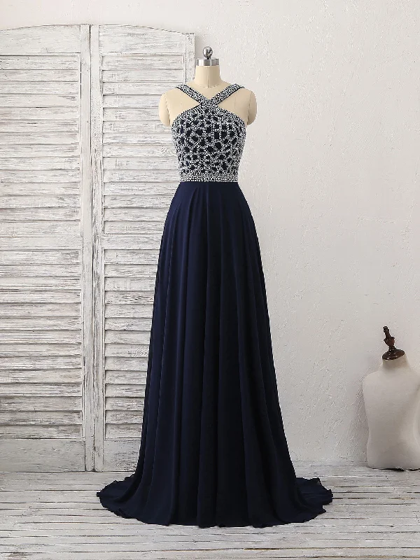 Casual Chic DressDark Blue Chiffon Beads Long Prom Dress, Blue Evening Dress