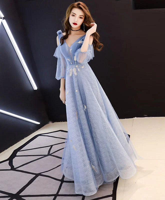 Flowy DressBlue V Neck Tulle Lace Long Prom Dress, Blue Evening Dress