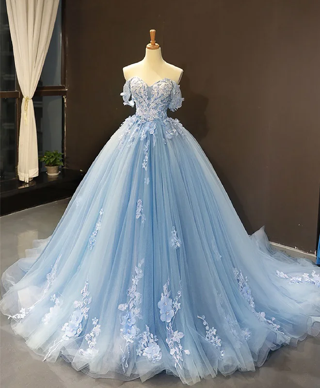 Bell-Sleeve DressBlue Off Shoulder Tulle Lace Long Prom Dress, Blue Formal Ball Gown Evening Dress