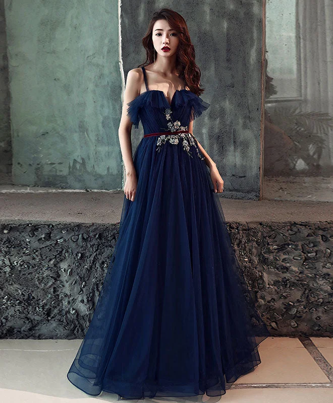 women's denim dressesDark Blue Tulle Long Prom Dress, Dark Blue Tulle Evening Dress