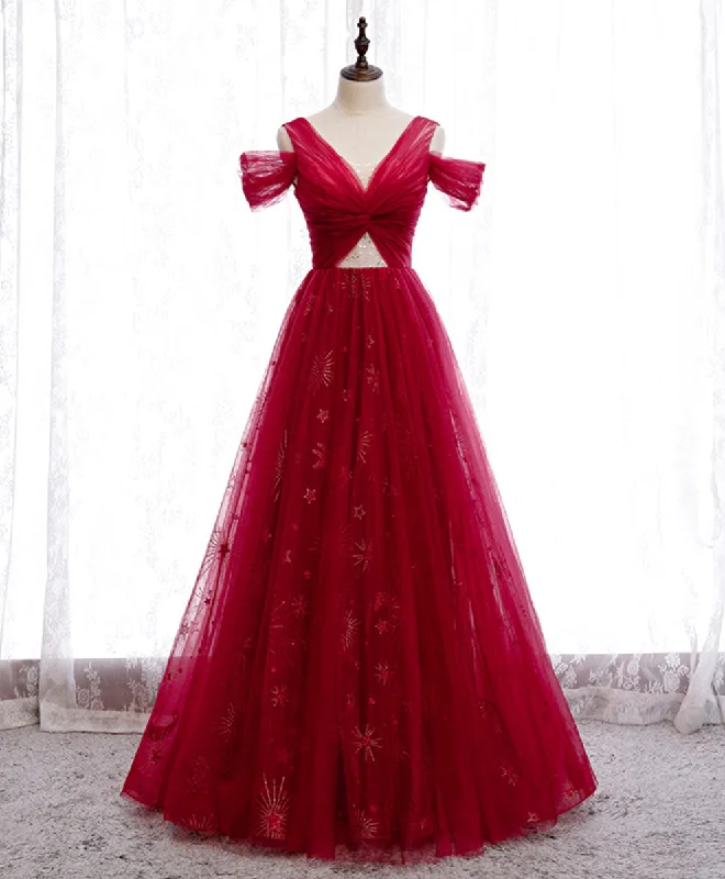 Lace DressBurgundy V Neck Tulle Lace Long Prom Dress Burgundy Evening Dress