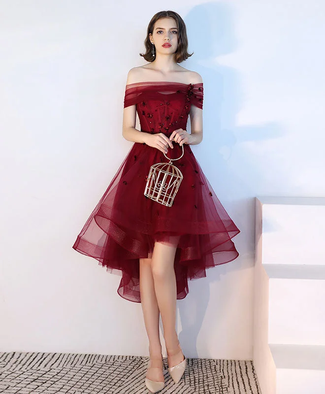 Wedding DressBurgundy Tulle Lace Short Prom Dress, Burgundy Tulle Evening Dress