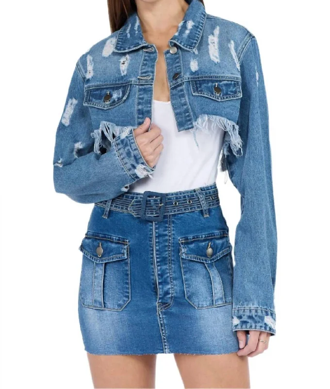 women's coats for layeringChic Cropped Distressed Denim Jacket In Blue