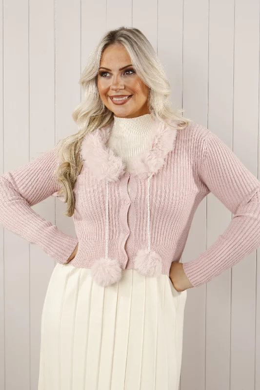 women's tops for maximalist fashion loversCari Pom Pom knit Cardi Pink