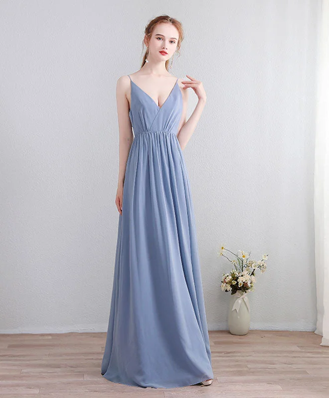 women's minimalist dressesBlue V Neck Chiffon Lace Long Prom Dress, Evening Dress