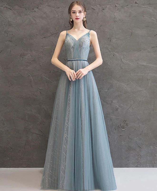 women's stretchy dressesGray Blue V Neck Tulle Long Prom Dress Gray Blue Evening Dress