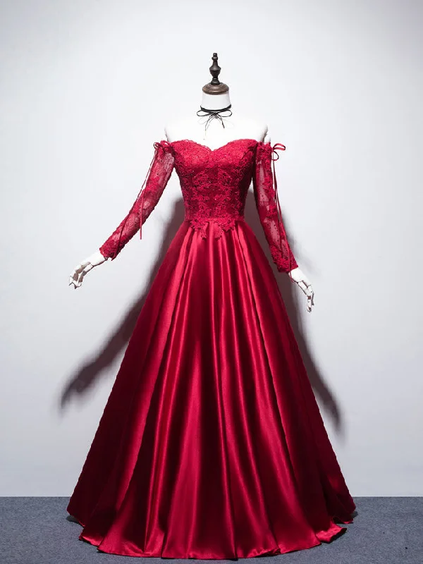 Ribbon DressBurgundy Sweetheart Lace Satin Long Prom Dress Burgundy Evening Dress