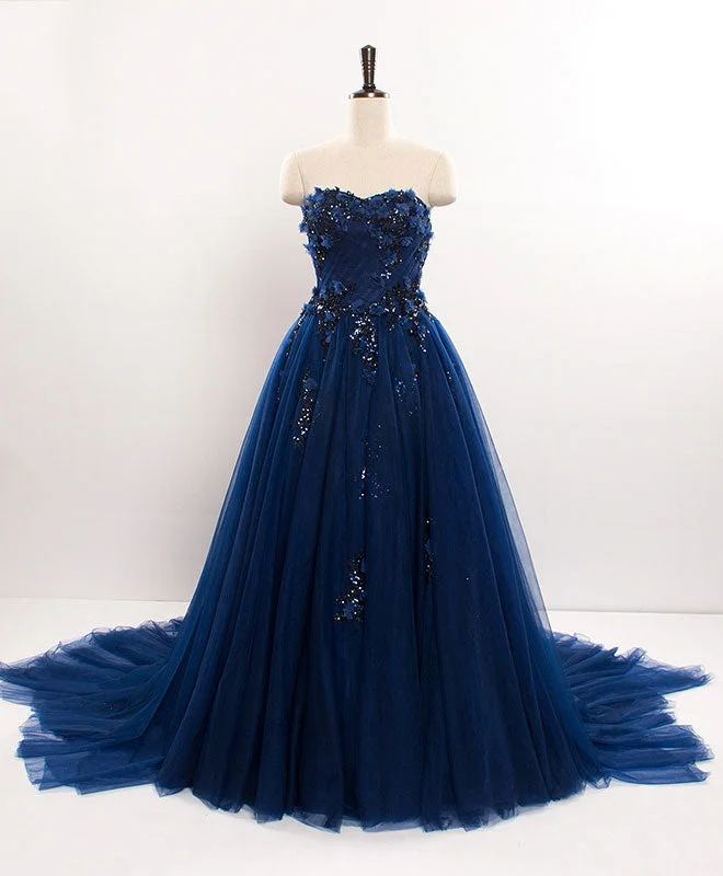 women's club dressesDark Blue Sweetheart Tulle Lace Long Prom Dress Blue Tulle Evening Dress