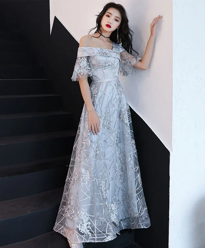 women's party dressesGray Tulle Lace One Shoulder Long Prom Dress Lace Evening Dress