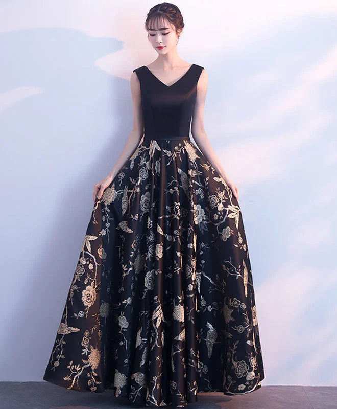 Skater DressBlack V Neck Floral Pattern Long Prom Dress, Evening Dress