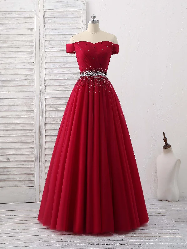 women's lightweight dressesBurgundy Tulle Sweetheart Neck Long Prom Dress, Burgundy Evening Dress