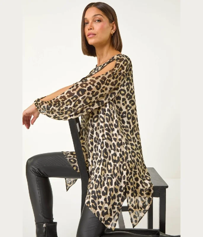 women's tops with cold-shoulder cuts and lace detailingLeopard Print Metallic Tunic Top