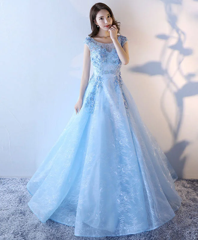 women's silk dressesLight Blue Lace Tulle Long Prom Dress, Lace Evening Dress