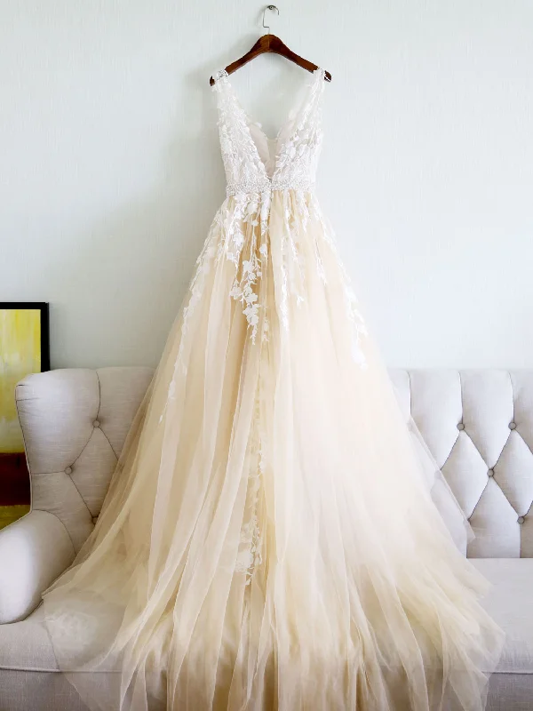 High-Low DressChampagne V Neck Tulle Lace Applique Long Prom Dress, Evening Dress