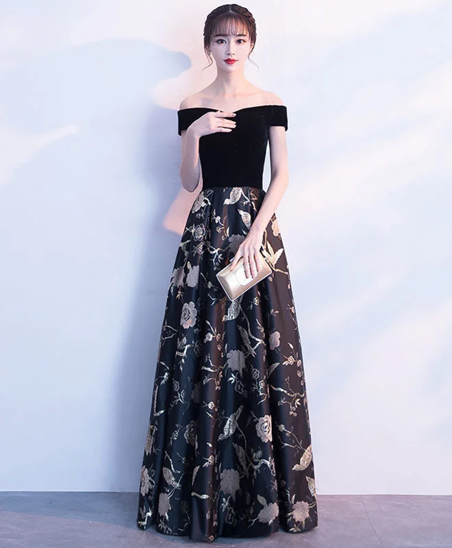 Ruffled Hem DressBlack Off Shoulder Floral Pattern Long Prom Dress, Evening Dress