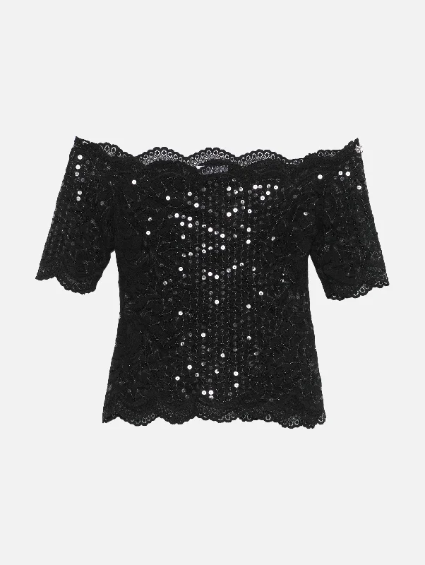 women's tops for those who want to add a bit of flair and personality to their looksOff Shoulder Sequin Lace Top in Black