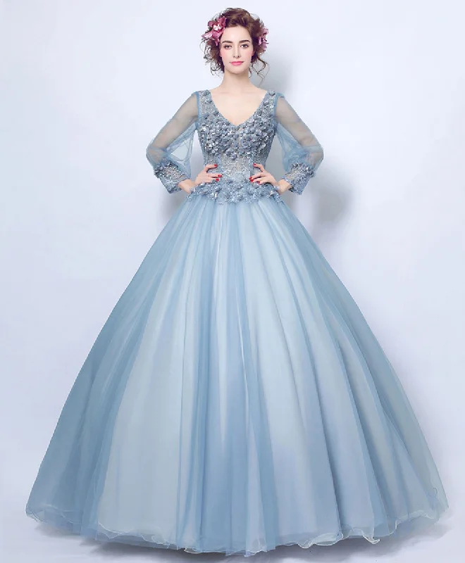 Velvet DressBlue V Neck Tulle Lace Long Prom Dress, Blue Lace Evening Dress