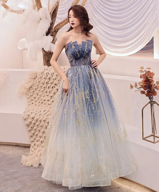 Sleeveless DressUnique Blue Tulle Long Prom Dress, Blue Evening Graduation Dresses