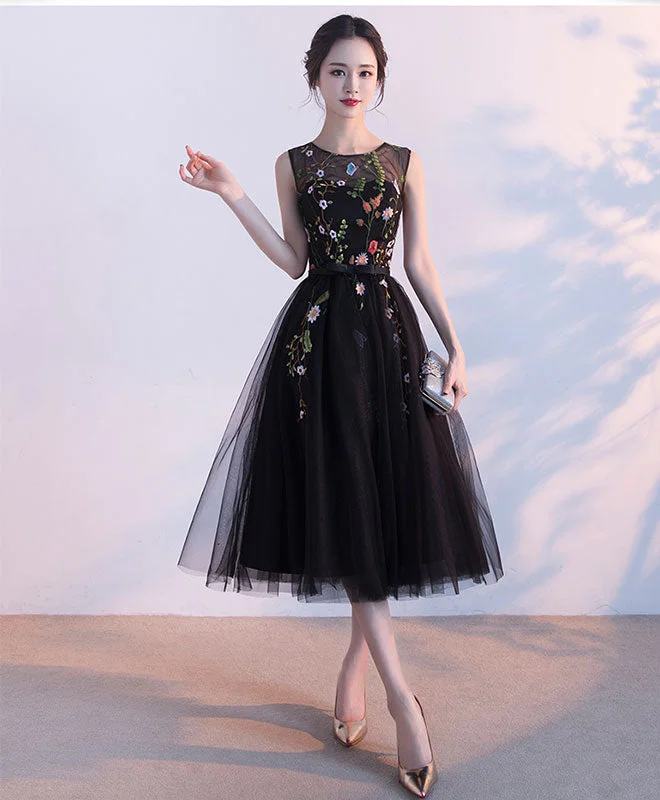 Bell-Sleeve DressBlack Round Neck Lace Tulle Short Prom Dress, Black Evening Dress