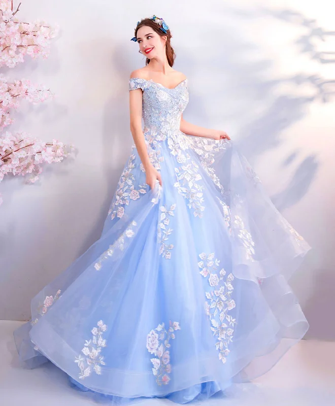 women's unique dressesBlue Off Shoulder Tulle Lace Applique Long Prom Dress, Blue Evening Dress